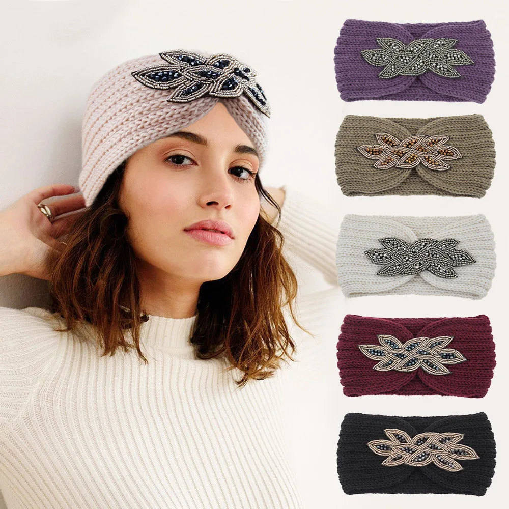 

Crystal Knit Headband Women Knitted Wool Hairband Winter Warmer Ear Rhinestone Crochet Wide Hair Bands Elastic Turban Head Wrap