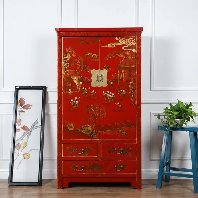 Antique Chinese Solid Wood Wardrobe Retro Red High Cabinet Hand Painted Bedroom Storage Decorative Furniture