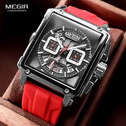 MEGIR Red Sport Chronograph Quartz Watch Men Fashion Waterproof Wristwatch with Luminous Hands Silicone Strap Date Square Dial