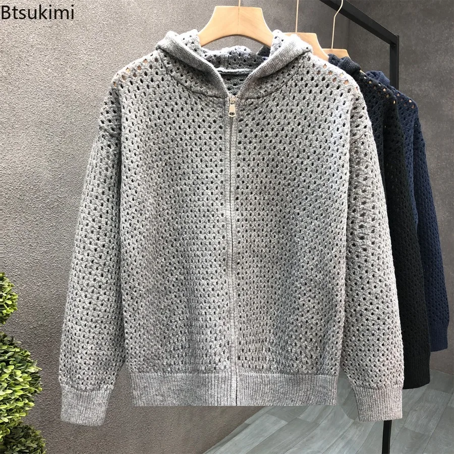 Men Hooded Full Zip Hollowed Out Knit Cardigan Long Sleeve Loose Vintage Couple Sweater Jacket Spring Autumn Casual Outerwear