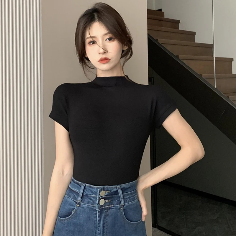 M-XL Elegant Slim Short Sleeve T-shirt For Women Solid Color Summer Half Turtleneck Soft Casual Versatile Bottoming Pullover Top