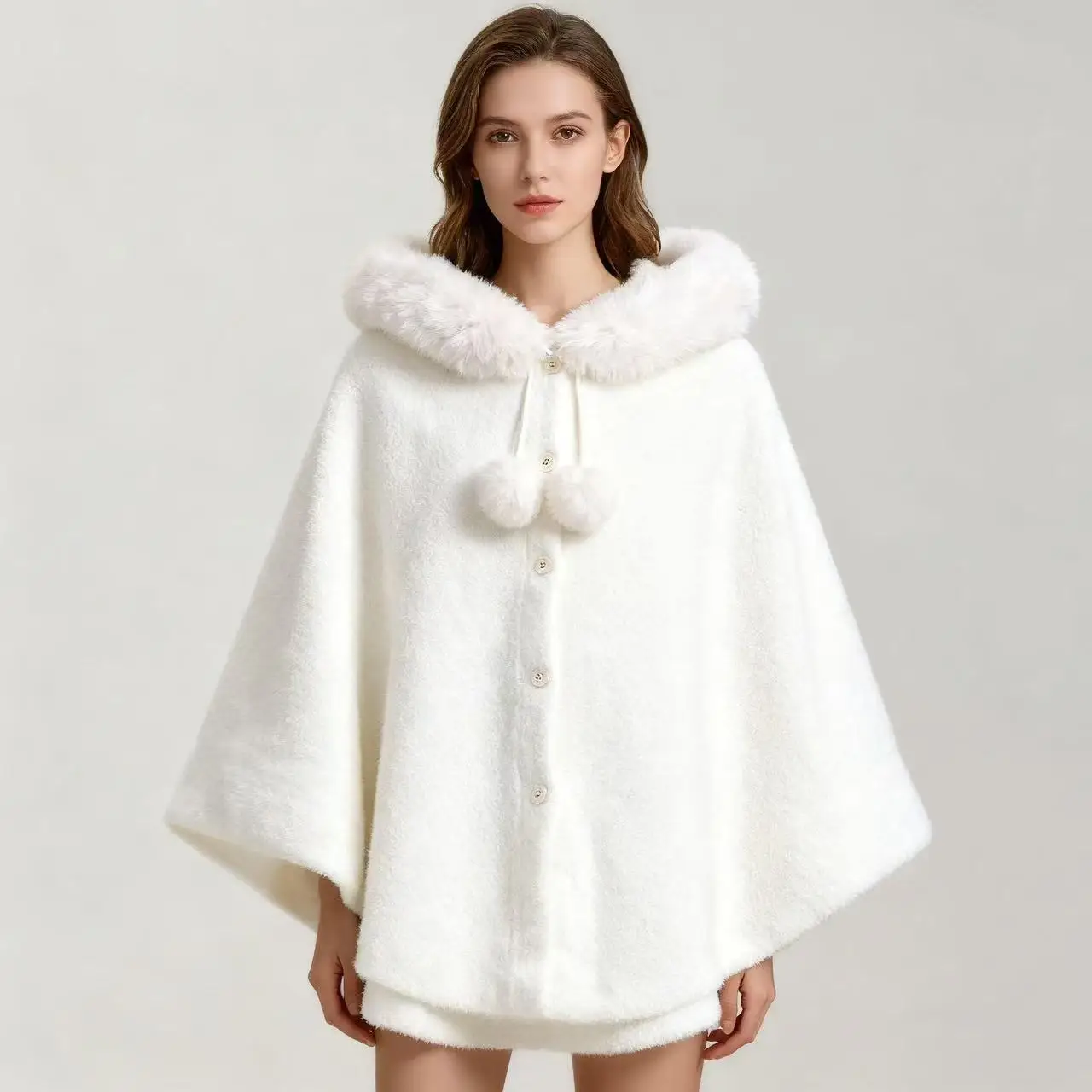 

Autumn Winter New Fur Collar Hooded Shawl Cape Imitation Mink Fur Fashionable Fur Ball Cape Plus Size Cardigan Jacket for Women