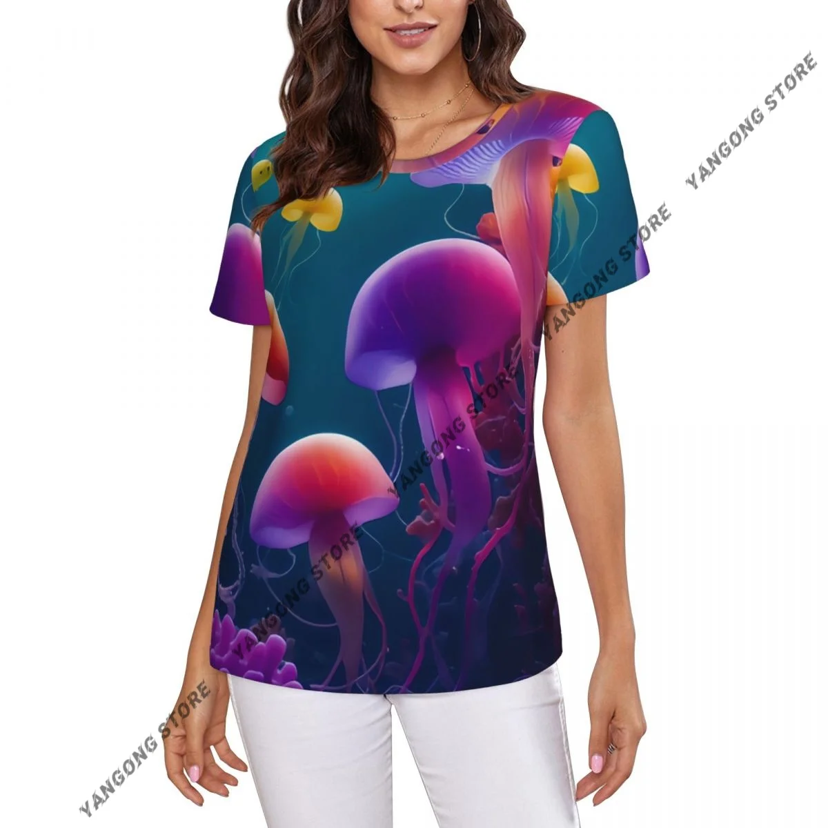 Women's T-shirt Colorful Jellyfish Under The Sea Tshirt Women Casual O-Neck Short Sleeve Tops Tees Clothing