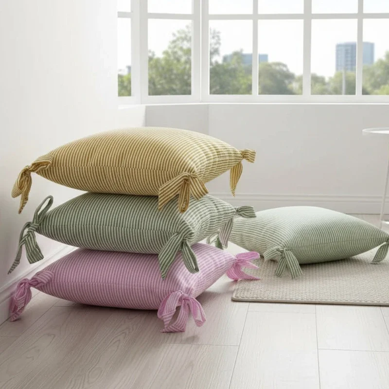 1pcs Colorful Striped Cotton Throw Pillow Cover Bowknot Decor Cushion Covers Office Livingroom Hotel Sofa Decorative Pillowslip