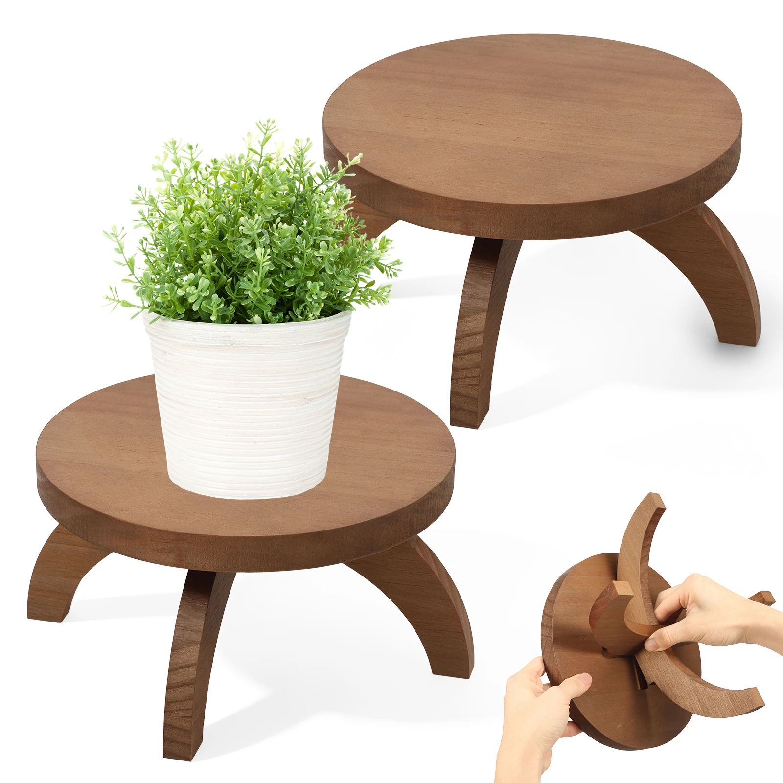 2 Pcs Short Round Plant Stands Small Wooden Plant Stool Low Wood Riser Pedestal Indoor Plant Display Holder for Desktop Balcony