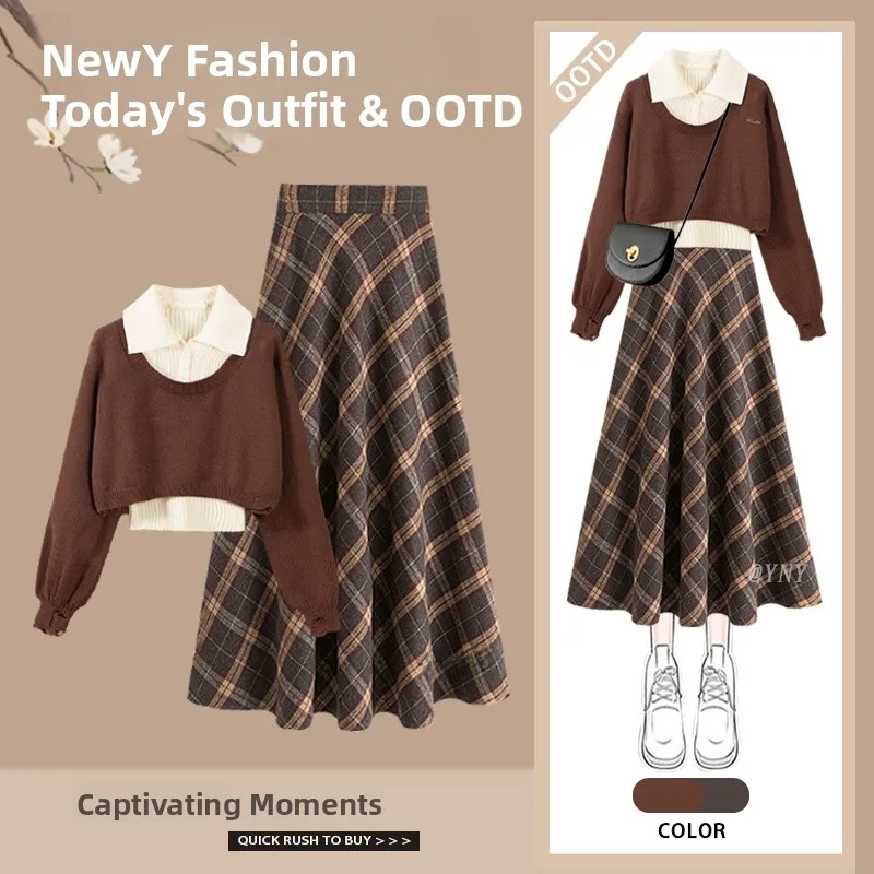 

Autumn Winter Women's Faion Sweater Base irt Plaid Skirt Tee Piece Set High End Design Long Sve Turn down Collar