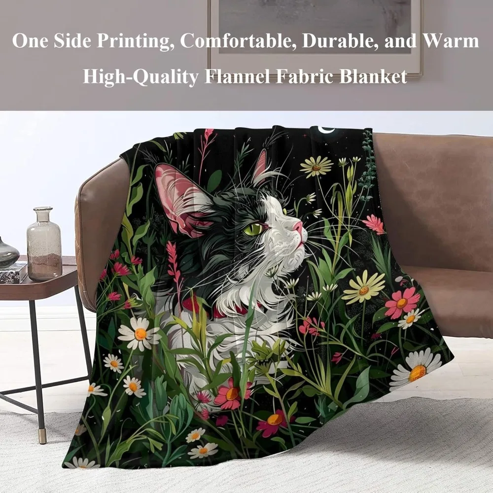 Black Cat Throw Blanket for Kids Baby Girls Boys Moon Gift Cat Print Fluffy Blanket for Bedroom Birthday