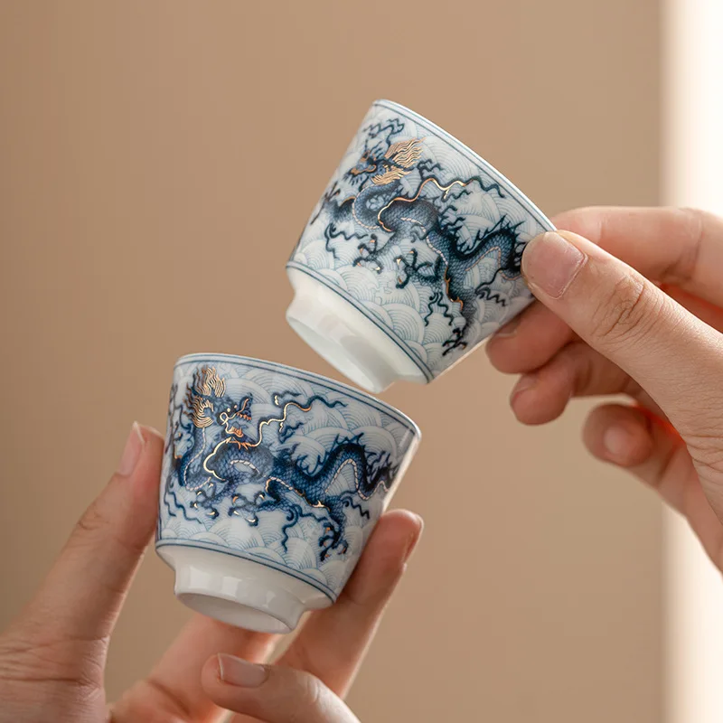 2024 Year New Blue and White Dragon Patterned Small Tea Cups Chinese Metal Inlay Ceramic Teacup 45ml Capaicty