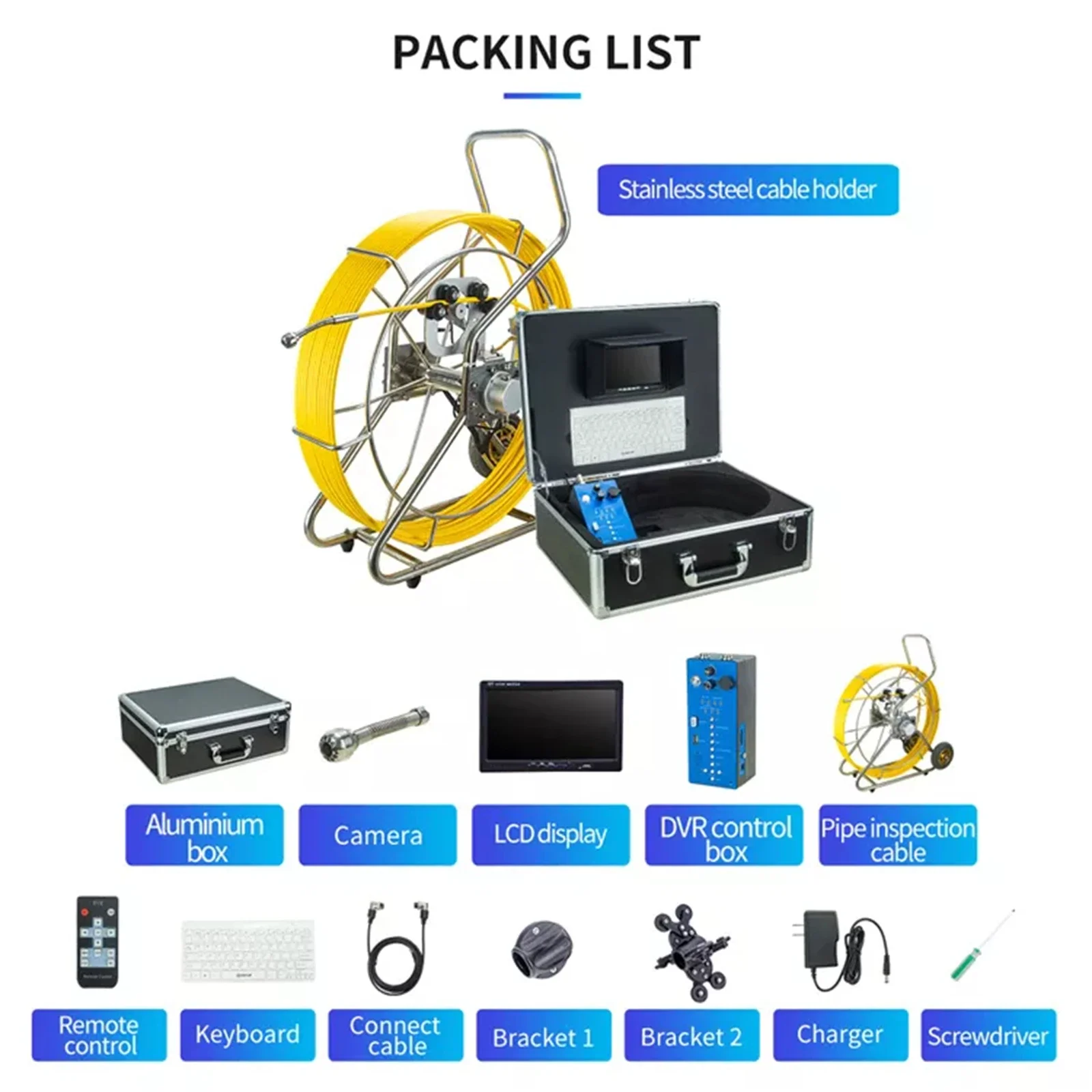 9mm Cable Pipe Inspection Camera, SYANSPAN 9inch Screen Sewer Drain Industrail Endoscope Meter Counter Video Recording+Keyboard