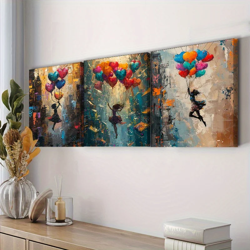 Framed Canvas Wall Art Painting 30x40cm (11.81x15.74inch)x3pcs girl is flying on colorful balloons for Home, Living Room, Coffee