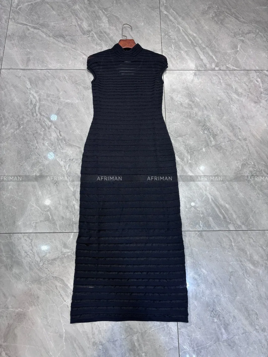 Women Chinese Mandarin Collar Little Perspective Hollowed Out Horizontal Striped Sexy Backless Knitted Long Dress image 2