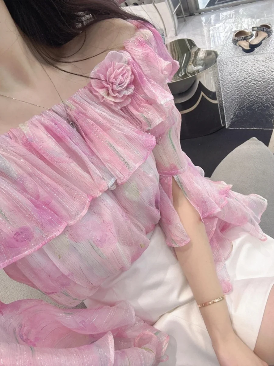 Fashion Off-the-shouler Lotus Leaf Edge Chiffon Shirts Women's 2025 Summer New Light Luxury High-end Blouse Chic Beautiful Tops