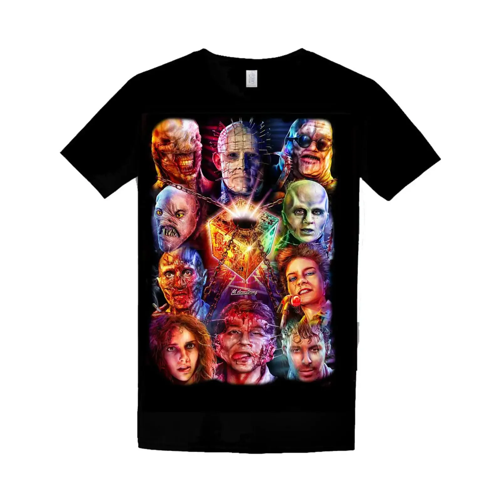 T-shirt noir Hellraiser Box Of Sorrows, Halloween Horror, vintage, légèrement délavé, style streetwear, graphique, polyvalent
