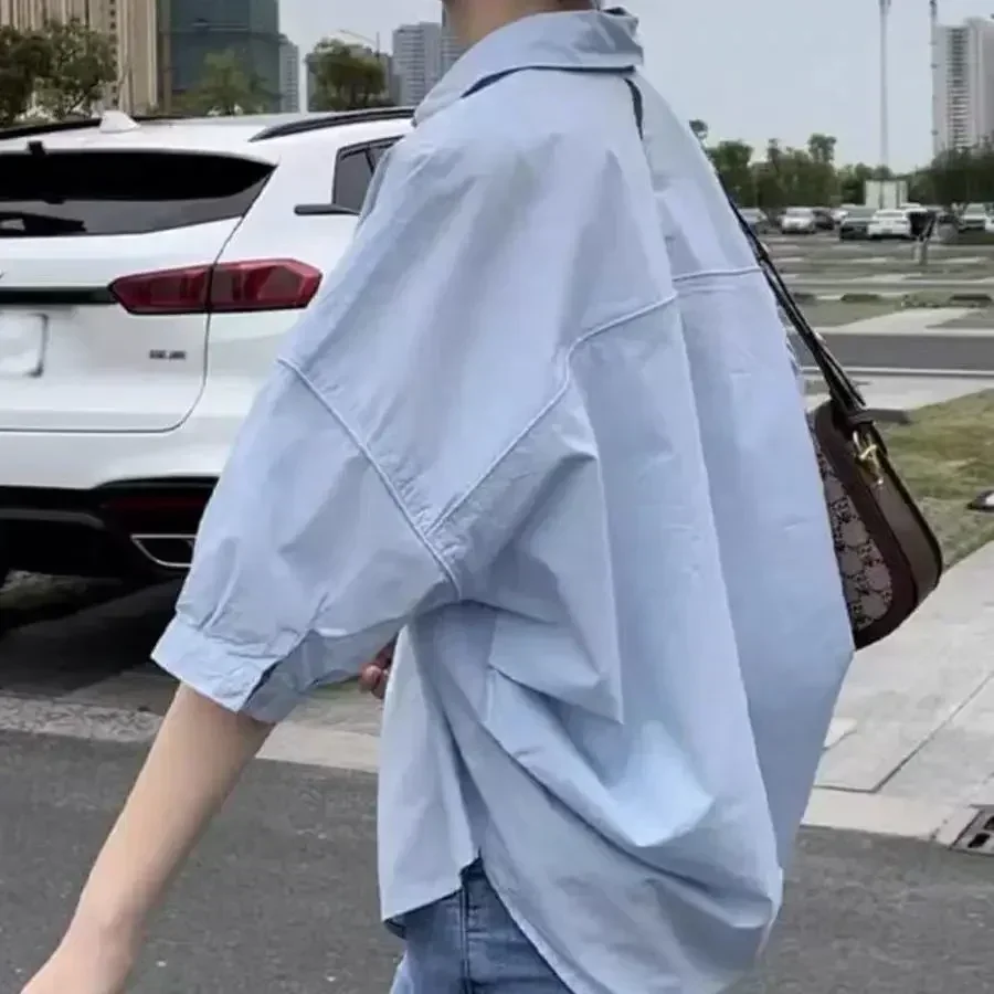 Women Blouses Elegant Streetwear Office Casual Loose Button Up White Blue Long Sleeve Vintage Oversize Shirt Tops