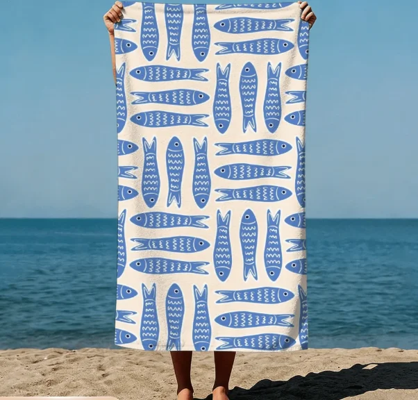 1pc Summer Boho Towel Style Blue Fish Pattern Repeated Stylized Fish on A Beige Background Flat Graphic Art Style Beach Towel