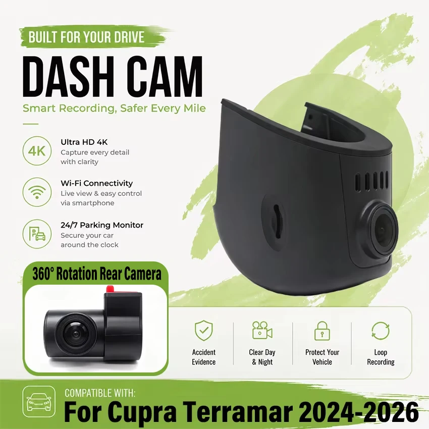 Dedicated DashCam for Cupra Terramar 2024-2026 4K UHD 2160p Car DVR Plug and play Dash Cam Wifi Camera Video Wireless