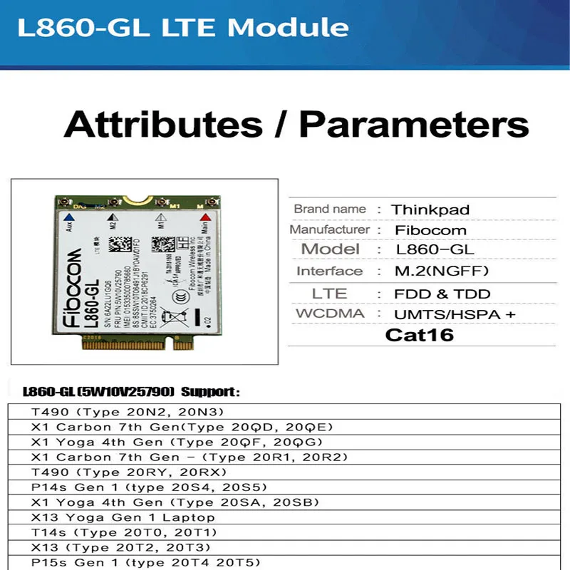 CAT16 L860-GL 4G LTE WWAN بطاقة 5W10V25790 01AX796 ل X1 الكربون 7th 8th اليوغا 4th T490 T14 P14s T15 T14s X13 P15s T15g