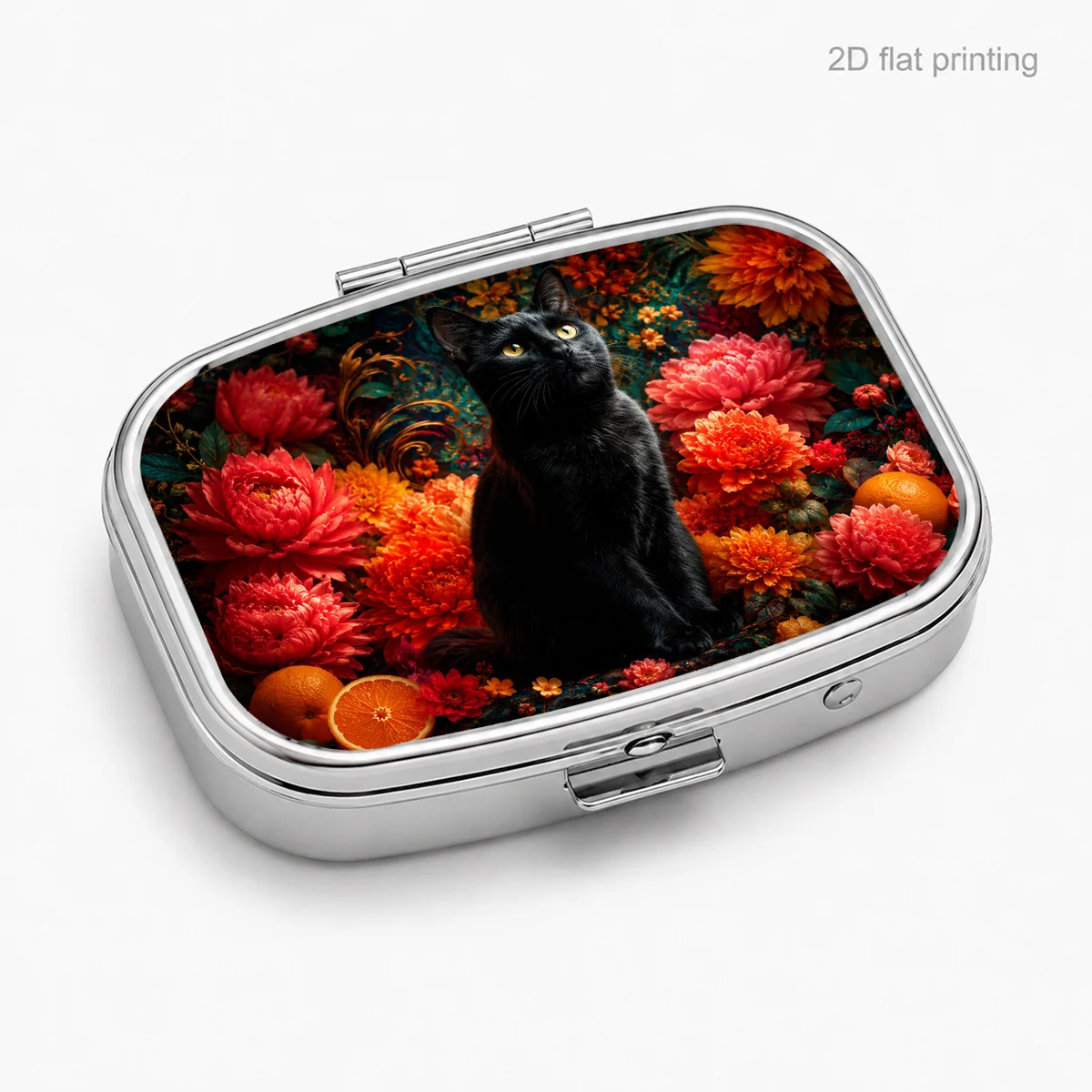 Black Cat with Golden Eyes and Floral Citrus Pattern, Portable Pill Box for Daily Travel, Square Moisture-Proof Small Pill Box, Multifunctional Storage Box for Vitamins and Supplements, Small Jewelry Organizer, Waterproof Pill Storage Box, Holiday Gifts, Souvenirs, Prizes, Small Gifts, Suitable for Personal Use or as an Exquisite Gift Choice
