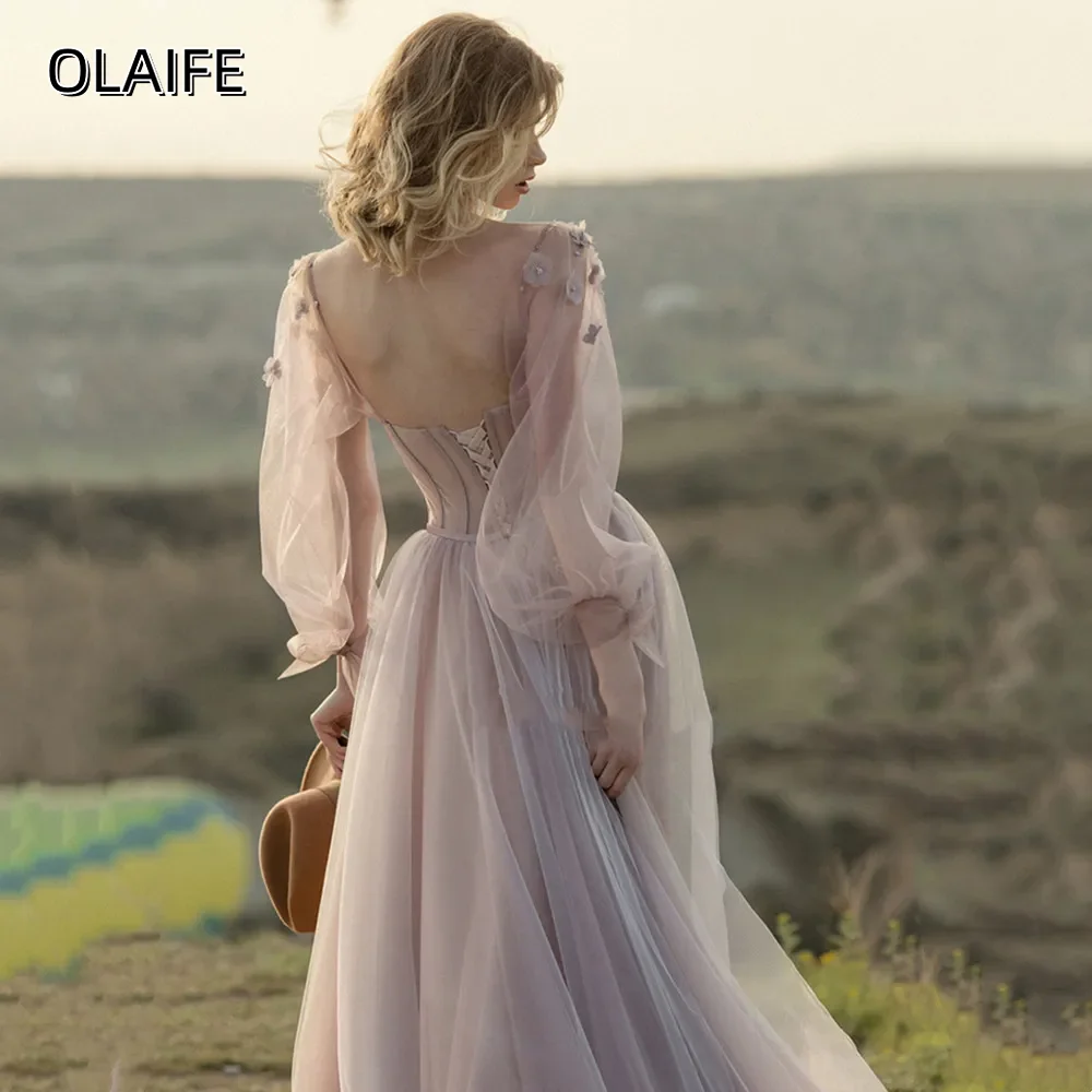 Tüll Maßgeschneiderte Laternenärmel A-Linie Schatz Perlen Pailletten Blumen Criss-Cross Sweep Zug Abendkleid Robes de Soirée