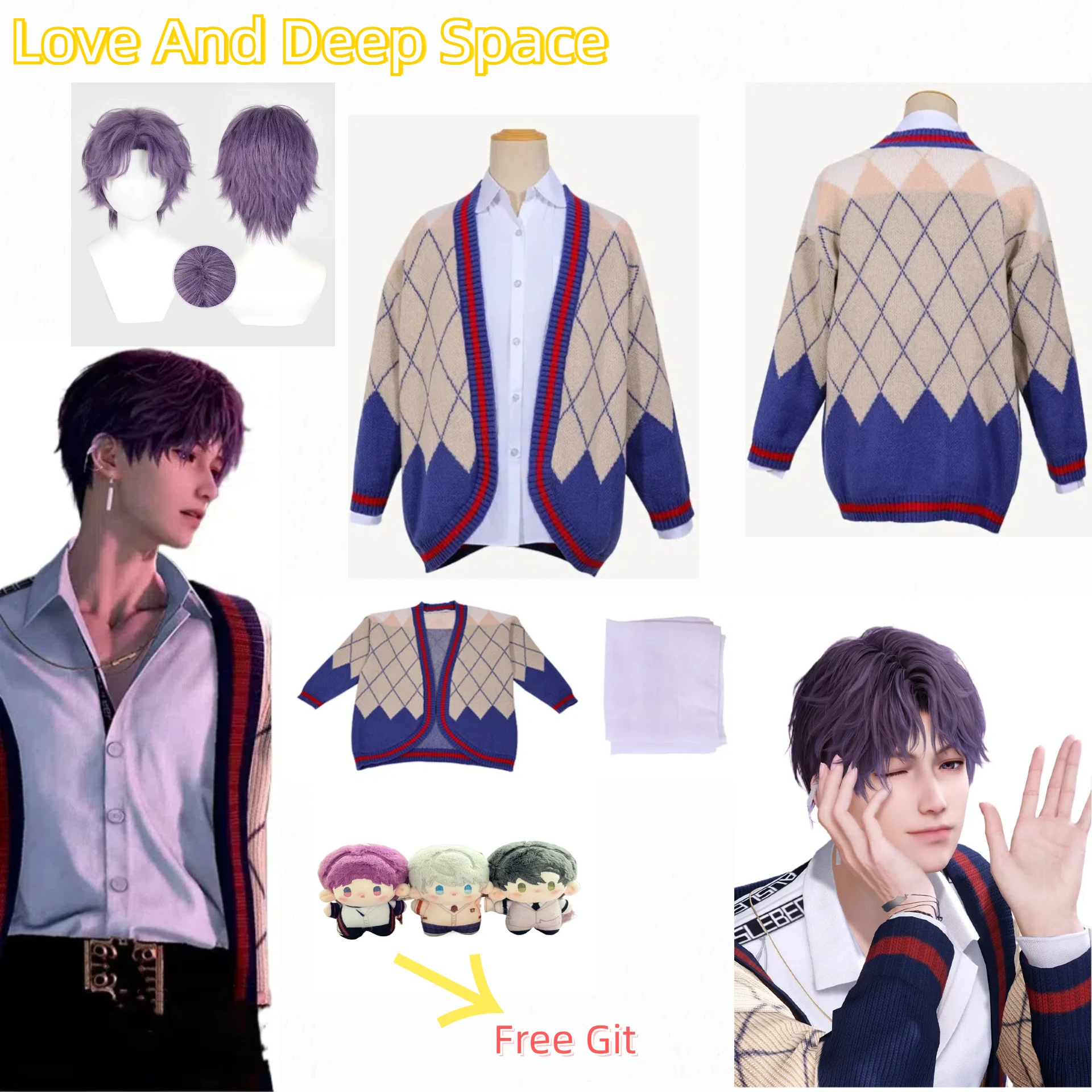 

Anime Love and Deep Space Cos Qiyu Asymmetrical Romantic Lapel Loose Sweater Knitted Halloween Cosplay Shirt Regular Adult