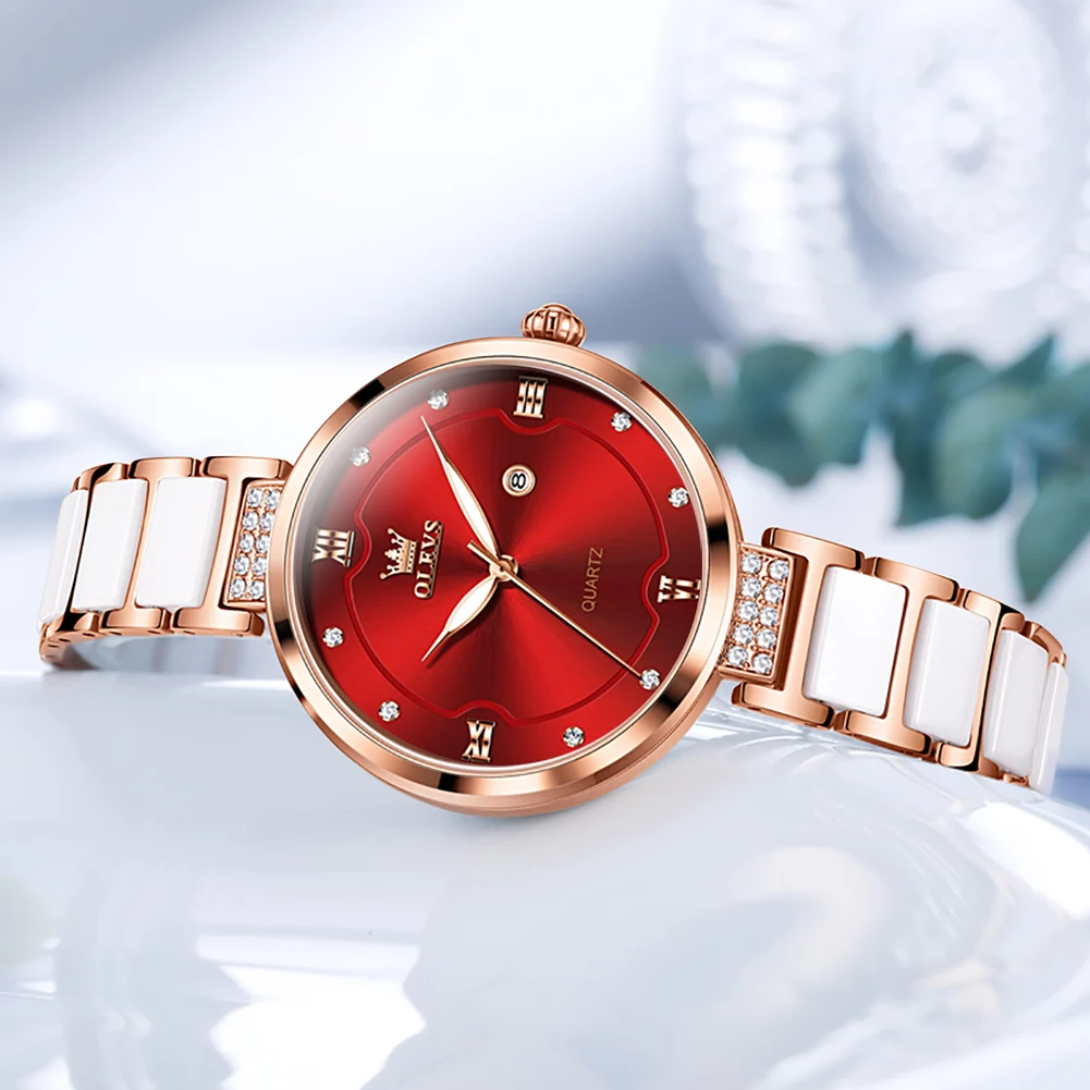 OLEVS Top Brand Watch for Women Luxury Jewelry Design Rose Ceramics Quartz Wristwatches Waterproof Fashion Ladies Watches