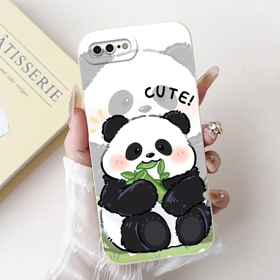 Case For Apple iPhone 7 8 Plus Cover Cute Panda Square Liquid Silicone Cases Soft Fundas Coque for iPhone 7 8 7plus 8plus Bumper