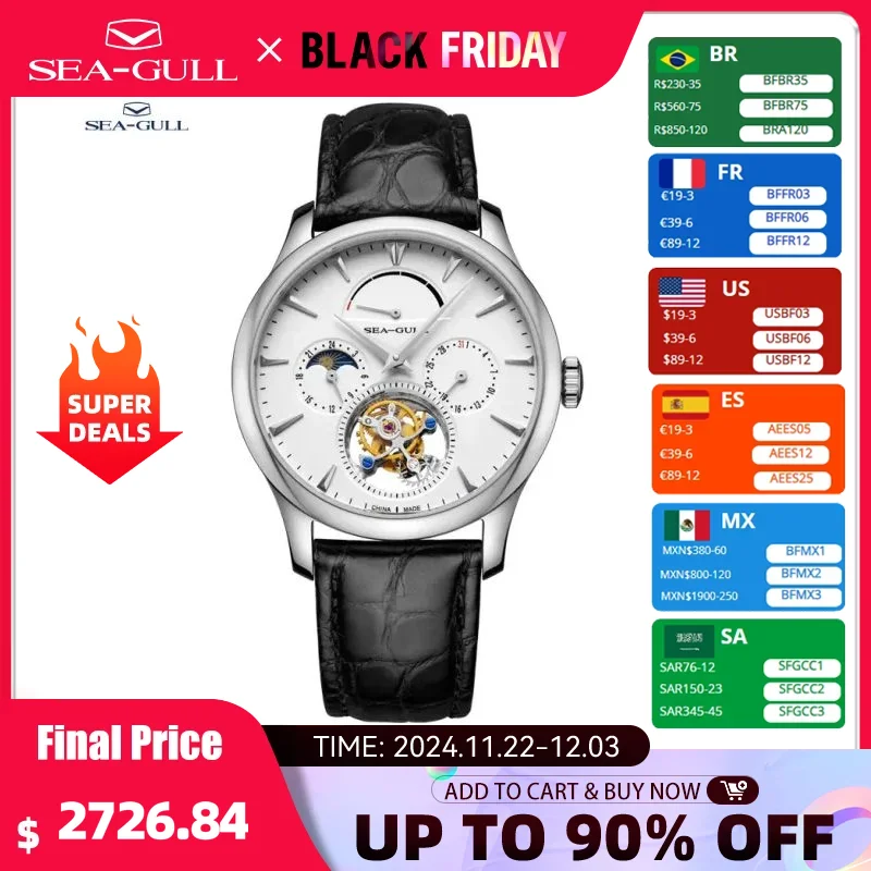 Seagull-Relógio mecânico masculino Tourbillon Manual, Relógio de pulso com calendário energético dia e noite, Relógio com pulseira de jacaré safira, 8828