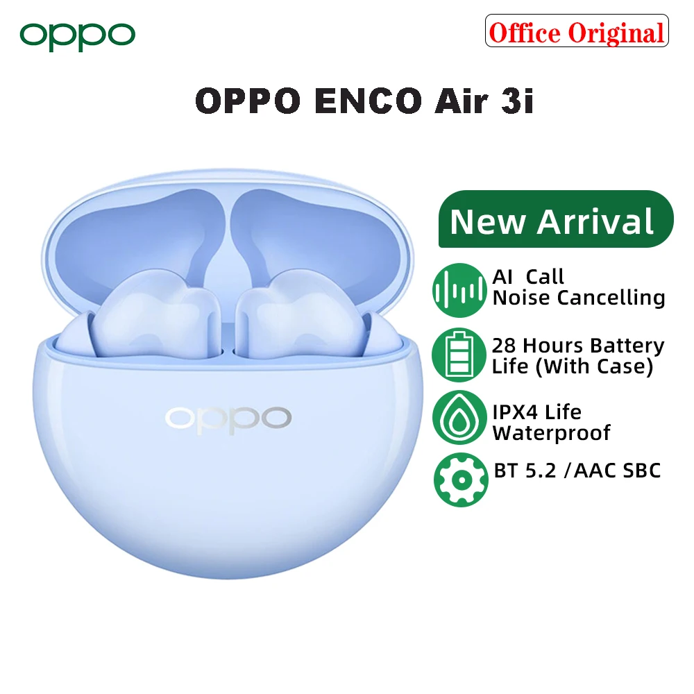 2024 오리지널 OPPO Enco Air 3i TWS 이어폰, 블루투스 무선 이어버드, AI 노이즈 캔슬링, 28 시간 배터리, HiFi 게임 헤드폰