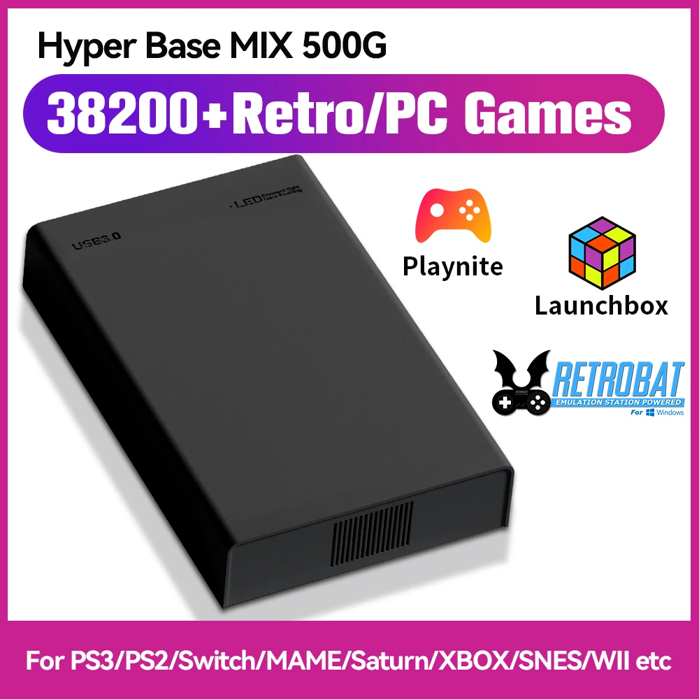 

500G Game Hard Drive With 38200+PC/Retro Games Retrobat/Playnite/Launchbox System Game HDD Emulators for PS3/PS2/Switch/XBOX/WII