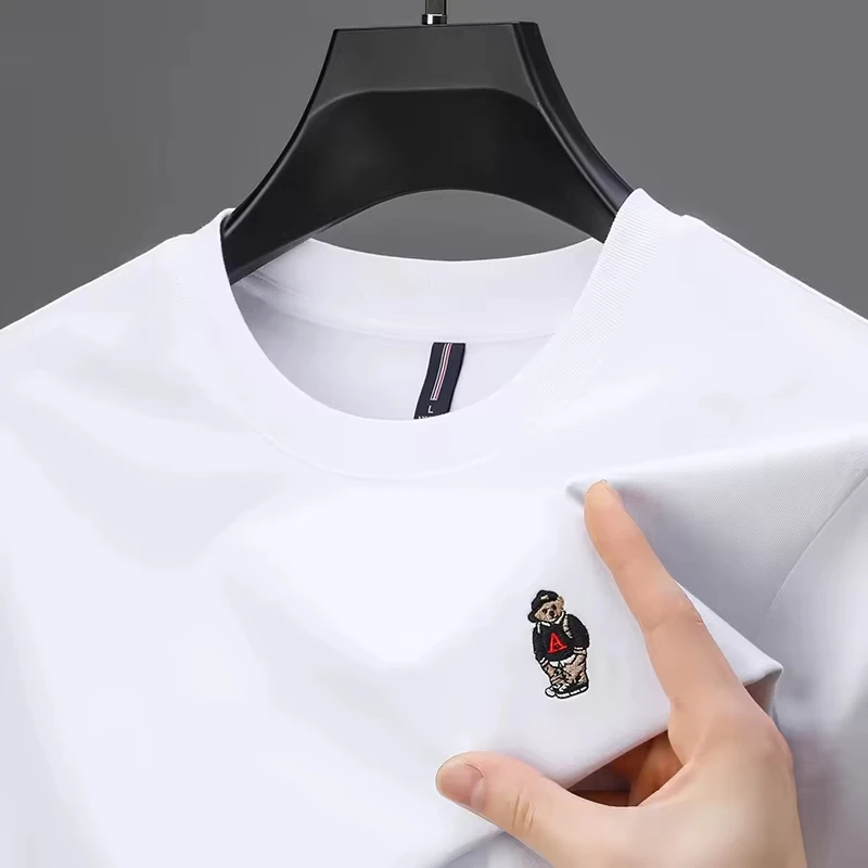 

100 Cotton Luxury Brand Men's T-shirt 2024 Summer New Bear Embroidery Short Sleeve Korean Fashion Casual Exquisite Men's Wear