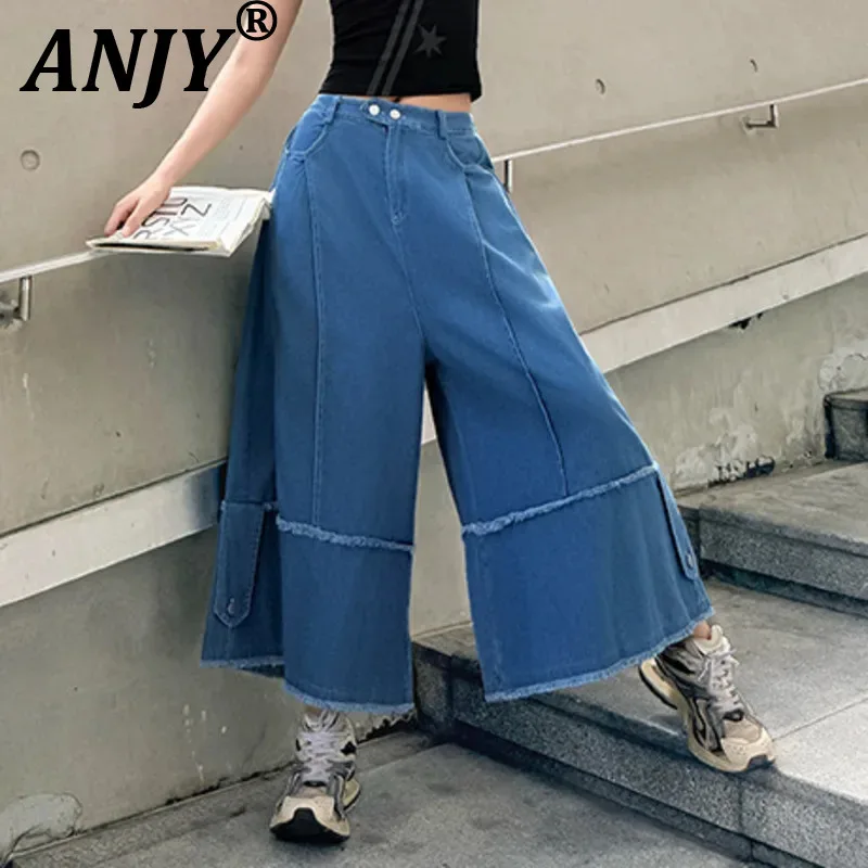 ANJY Spring Autumn New Women American Style Loose Casual Spliced Wide Leg Jeans Contrast Color Letter Print Sheathy Tees A21220