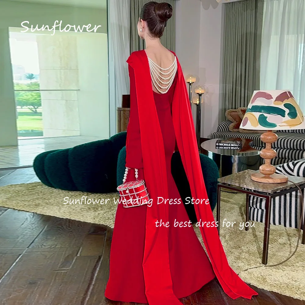 Sunflower Red O-Neck Crepe Mermaid Prom dress 2024 Slim Pearls Backless Satin Shawl Floor-Length Formal Evening Dress