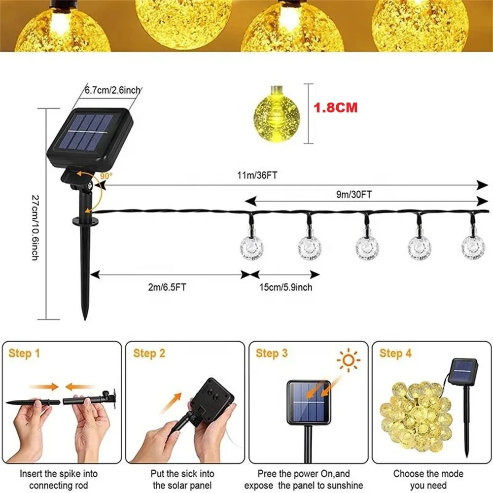 Impermeável Solar String Lights para Exterior, 50LEDs, Crystal Globe, 8 Modes, Jardim, Árvore, Pátio, Festa, Decorações de Natal