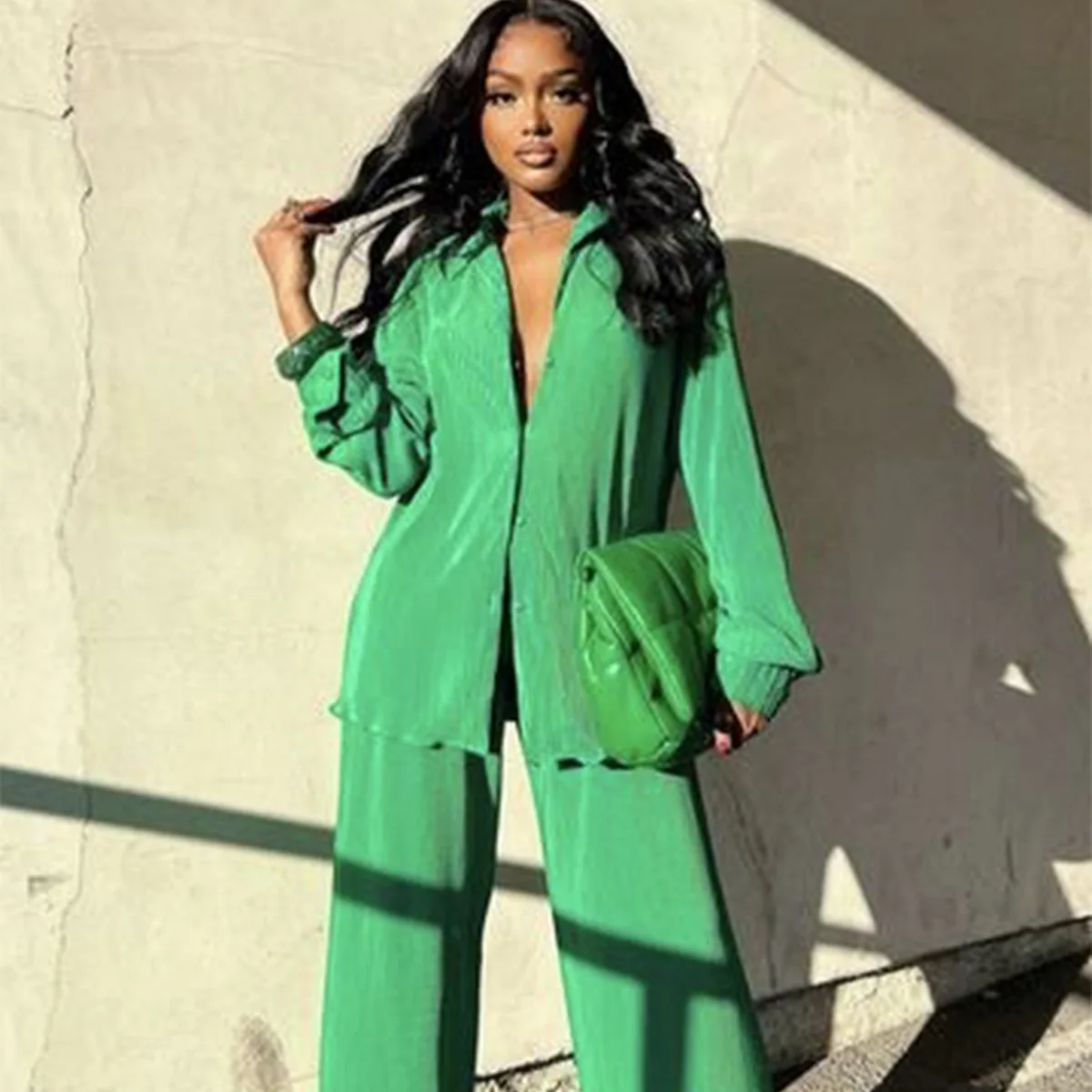 

Casual 2 Piece Outfit for Women - Linen Long Sleeve Button Down Shirt + Flare Pleated Wide Leg Pants Sets Streetwear