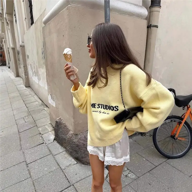 

Loose Oversized Lazy Sle Letter Print Women's Knitwear Autumn Winter Yellow Base Layer Top Long Sve Commute Faion
