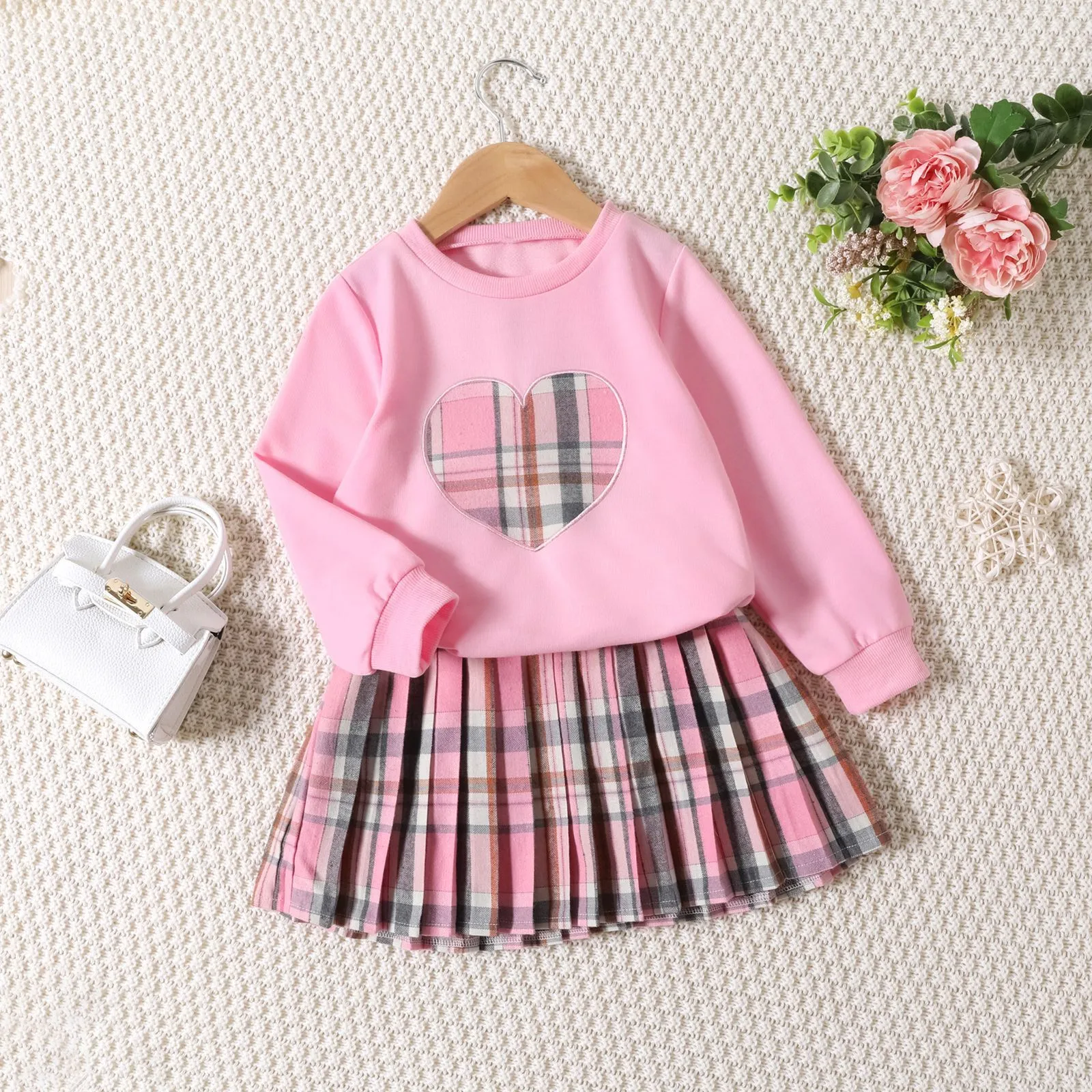 4Y,5Y,6Y,7Y Kids Girls Clothes Sets New Spring Autumn Long Sleeve Sweatshirts Tops Plaid Pleated Mini Skirts Sets For Baby Girls