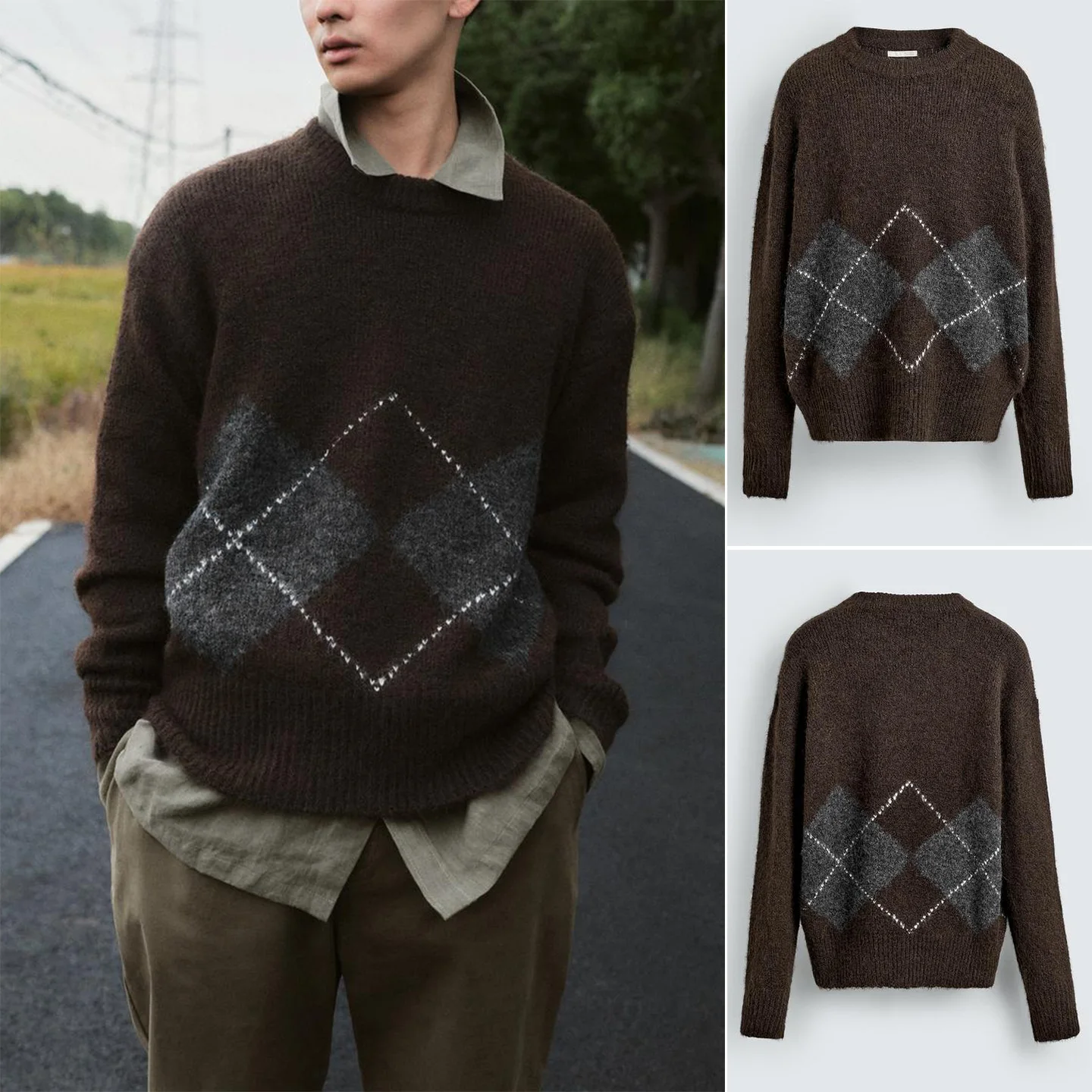 

Осень-зима, новый мужской свободный крой Long Sve, круглый вязаный свитер с вышивкой и ромбовидным узором, повседневная одежда, полиэфирное волокно