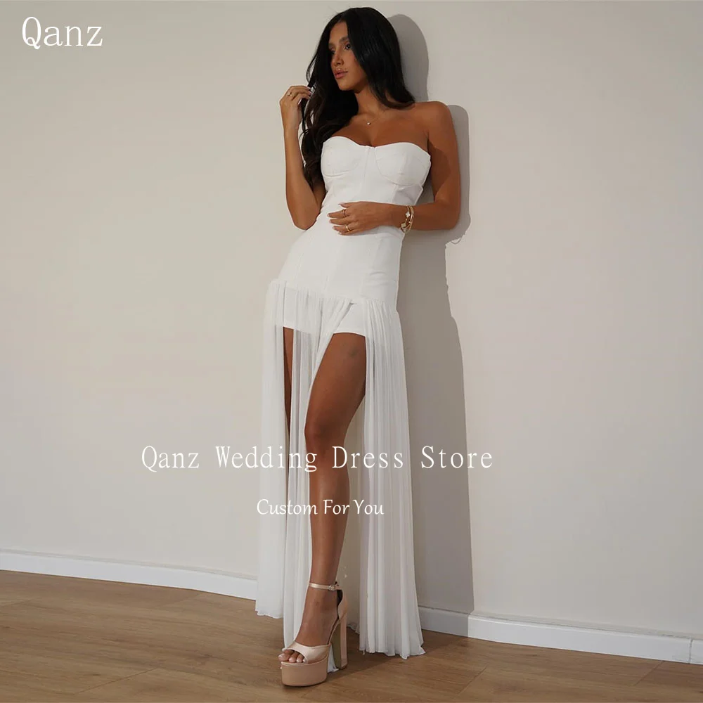 

Qanz Modest White Wedding Dresses Sweetheart High Slit Chiffon Sheer Vestidos para Mujer Floor Length Robe De Mariée Customized