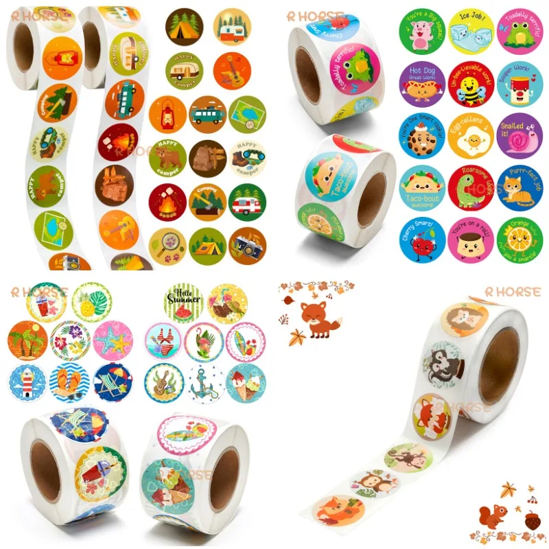 500-1000Pcs Children Reward Stickers Roll for School Teacher Motivational Sticker Student Cute Animals Camping Summer Punny