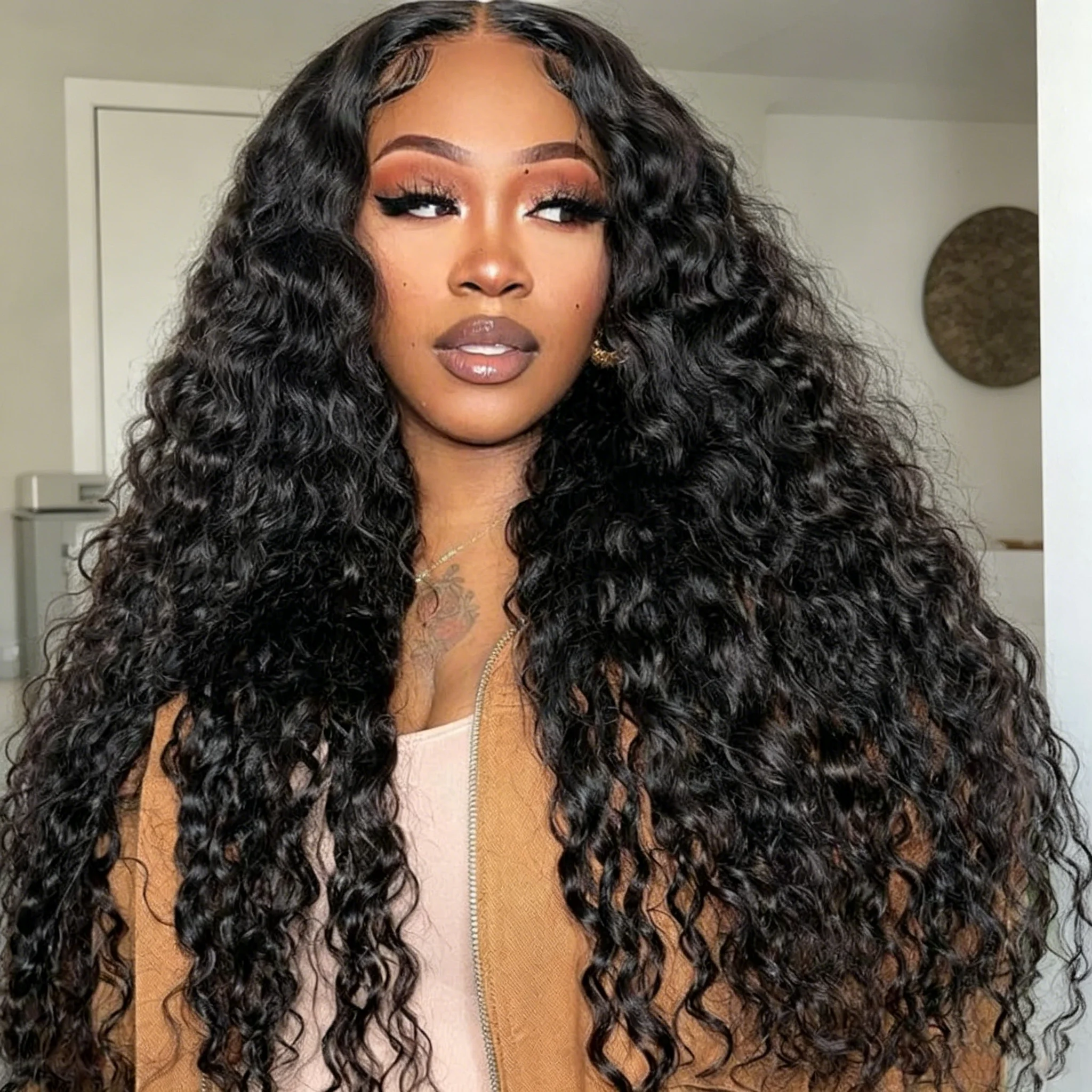 Perruque Smilegir Deep Wave V Part en cheveux humains, sans colle, avec cordon de serrage, bouclée profonde, 30 pouces