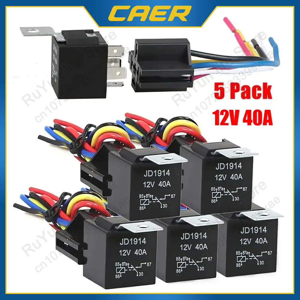 JD1914 Car Relay 12V 40A 5/4Pin Automotive Relay Set Automotive Switches and Starters with Corded Socket Terminal Wiring Harness