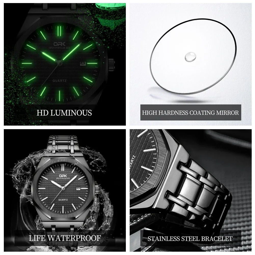 OPK 8139 Luxury Quartz Watch For Men Original Top Brand Calendar Man Wristwatch Waterproof Luminous Stainless Steel Mens Watches