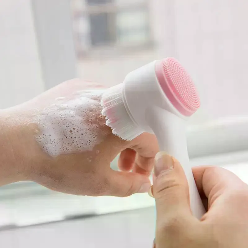 3D Double Silicone Facial Cleansing Brush Manual Massage Facial Brush Soft Bristles Exfoliator Double Sided Face Wash Brush 1PC