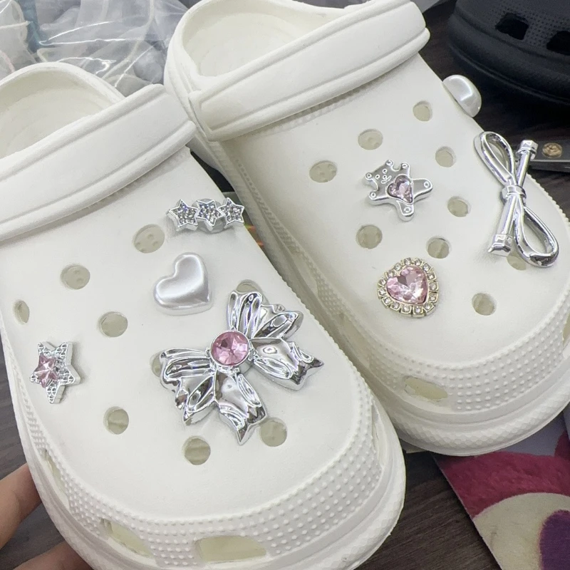New Y2K Pink Heart & Bow Shoe Charms with Rhinestones & Accents Y2K DIY Charm Set Silvery-Colored Plastic Charms Xmas Gifts