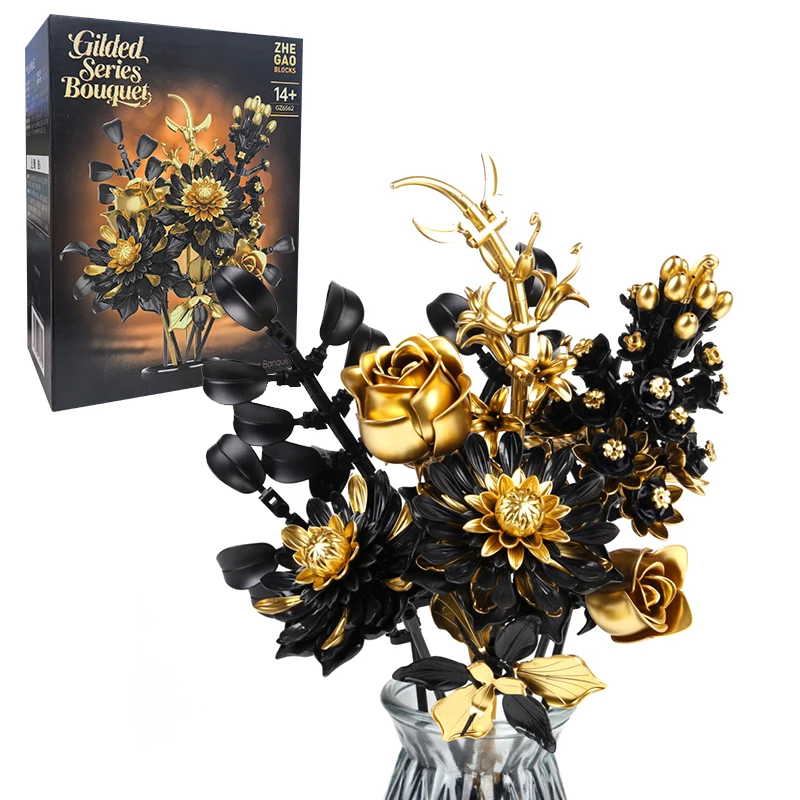 Creatieve Paarse Bloem Zwart Gouden Roos Boeket Bouwstenen Thuis Bureau Plant Decoratie Monteer Bakstenen Speelgoed Cadeau Voor Meisjes