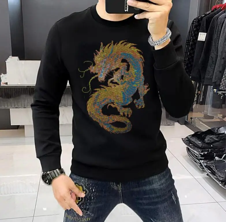 

Quality Rhinestones Oversized Sweatshirt Men Casual Cotton Pullover Korean Hoodies 2025 Harajuku streetwear Men Clothings