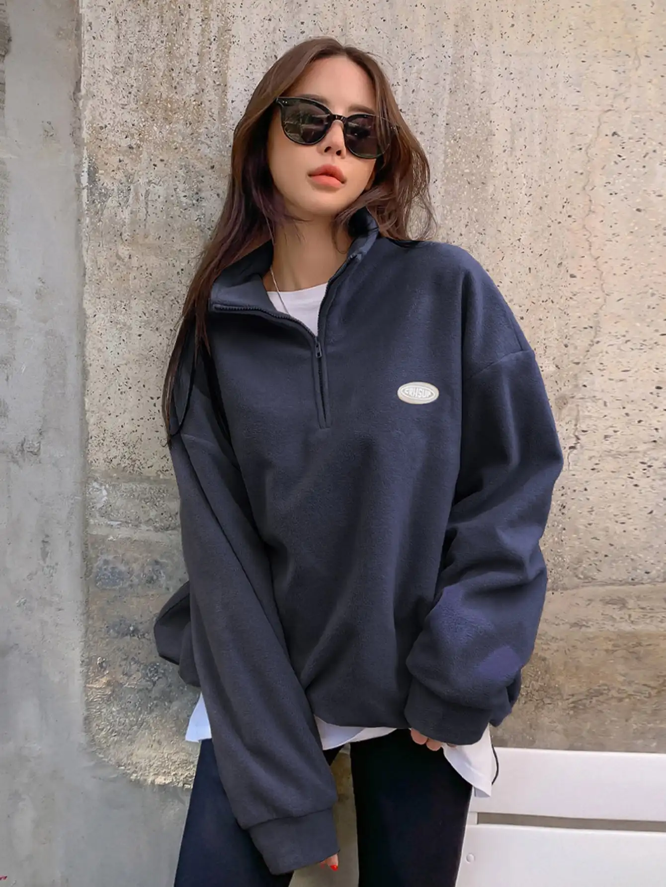 Sudadera Holgada de Felpa para Mujer con Media Cremallera, Hombros Caídos, Estilo Casual para Otoño