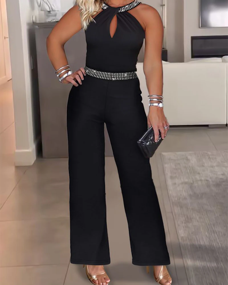 

2024 Summer Jumpsuit Women Rhinestone Chain Decor Hollow Out Mock Neck Sleeveless Plain High Waist Wide Leg Daily Skinny Romper