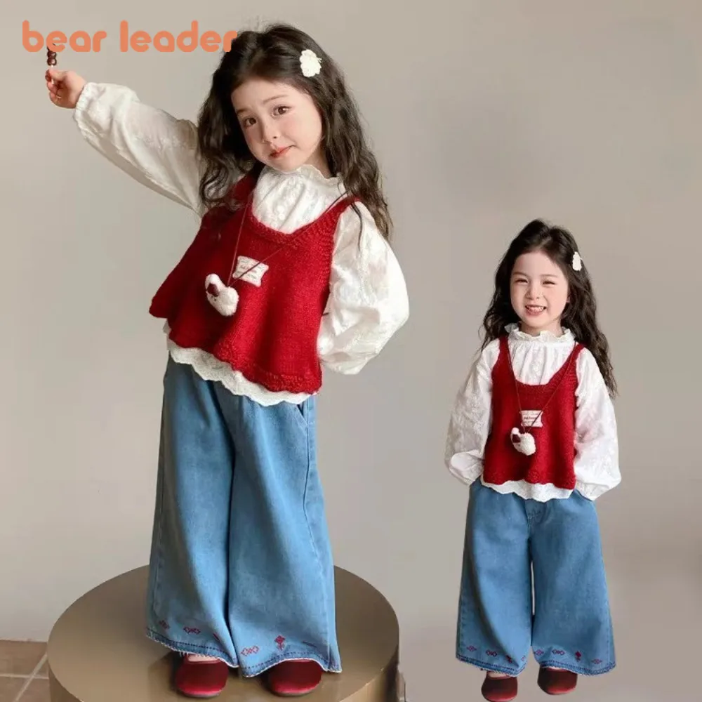 Bear Leader 3-piece Set Spring Autumn Fashion Casual Kids Clothes Girls Long Sleeved Lace Shirt+Knitted Vest+Jeans Girl Outfits