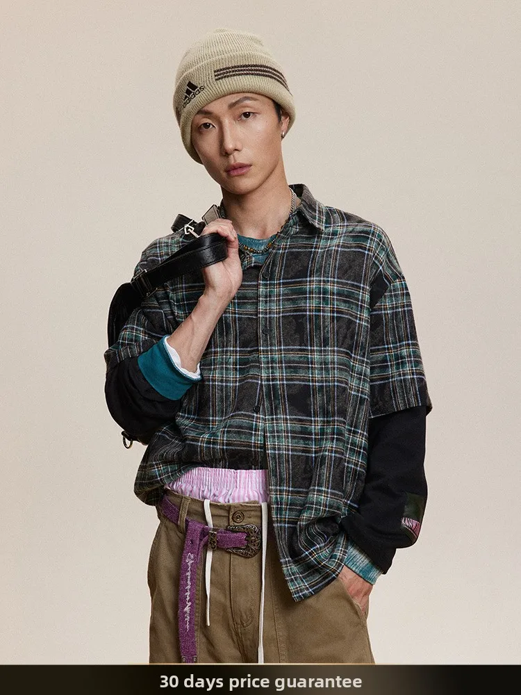 

American Retro Spliced Dyeing Plaid Collar Men's Long Sve irt Autumn Outerwear Fake Two-Piece Loose Fit Youth Trend